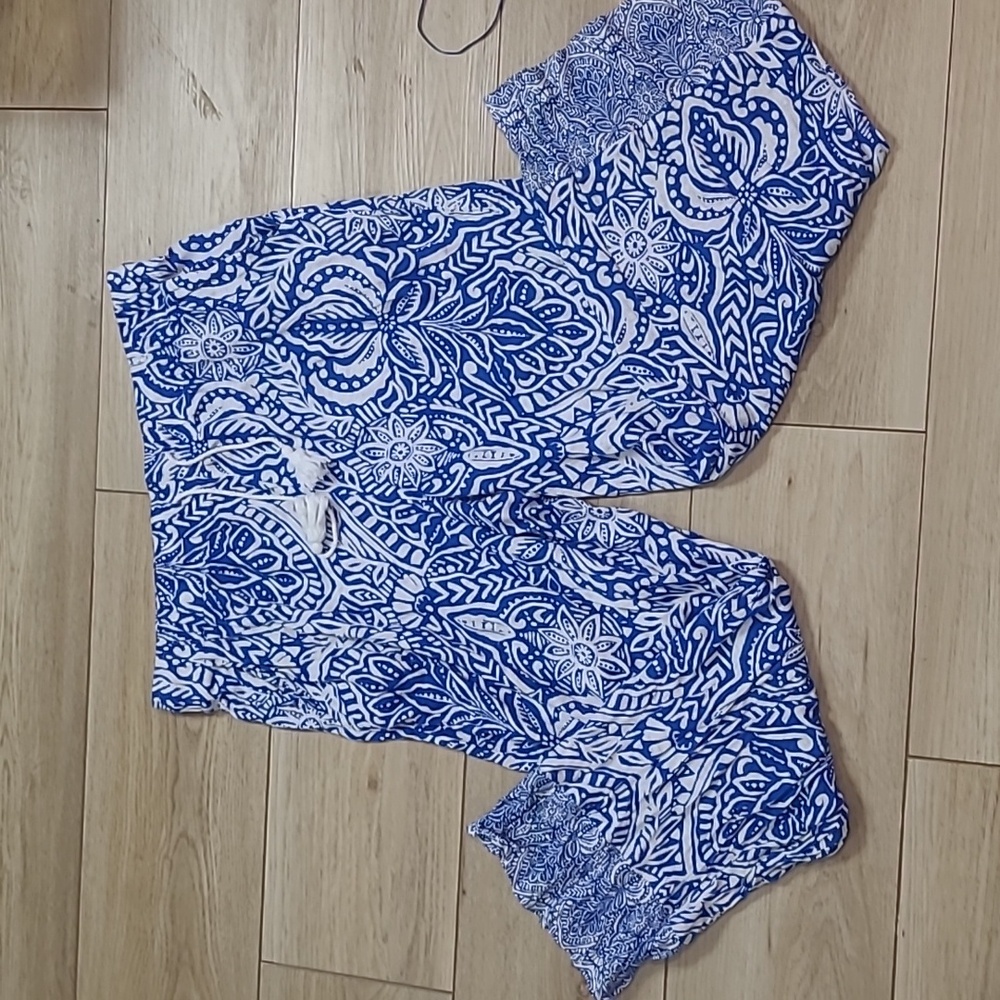 RACHEL ZOE Boho Printed Pattern 2 pc Large Wide Leg Pant Set Blue 100% Linen L - Picture 7 of 11